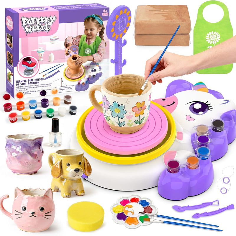 Pottery Wheel for Kids, Unicorn Craft Kit Arts and Crafts for Kid Ages 6-12 | Complete Pottery Painting Kit with Clay, Art Supplies Kids Toys Girls Birthday Christmas Gift for 6 7 8 9 10 11 12+, Purple