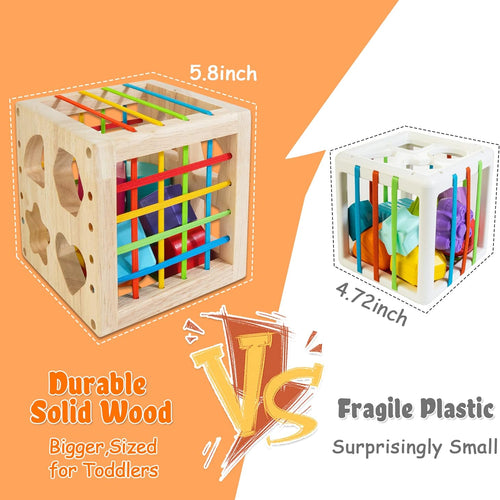 HELLOWOOD Montessori Toys for 1+ Year Old, Wooden Sorter Cube with 8pcs Rattling Shapes, Developmental Learning Toy Gifts for Baby Toddler Boys Girls, Gift Packaging