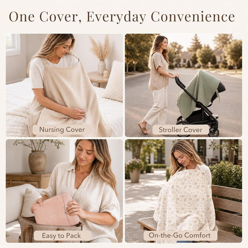 Konssy Muslin Nursing Cover Up for Breastfeeding with Rigid Hoop | 100% Cotton Nursing Apron, Lightweight & Breathable, Carseat Canopy, Breast Feeding Covers for Women (Summer Wheat)