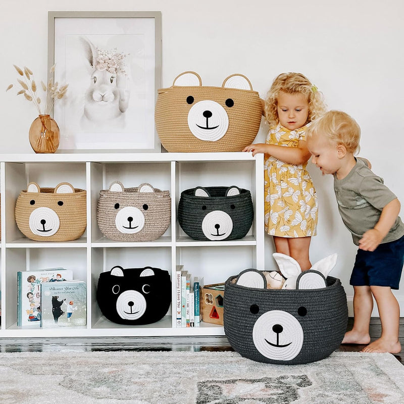 Baby Basket for Gifts Empty, Cute Bear Design, Light Brown | 10.5" x 8.5" Baby Shower Basket for Kids Boys Newborn Storage, Toy Basket for Living Room Nursery Décor, Soft Cotton Rope