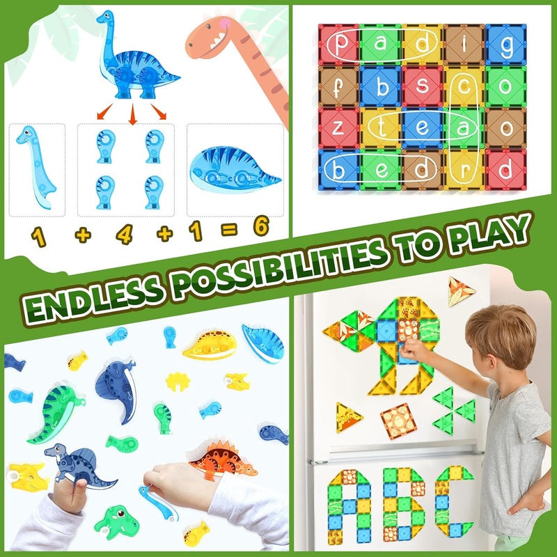 Coodoo Dinosaur Toys Magnetic Tiles 3D Movable Dinos for Kids 3-5 5-7 Toddler Outdoor Sensory Toys, STEM Educational Magnetic Blocks for 3+ Years Old Boys Girls Kids Toy