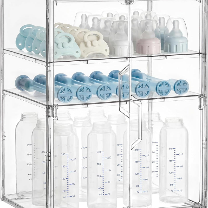 HBlife Baby Bottle Storage Organizer for Countertop Cabinet, 3 Tiers Adjustable Clear Acrylic Bottles Storage Station Case Box Container with 2 Removable Dividers and Magnetic Door, Large