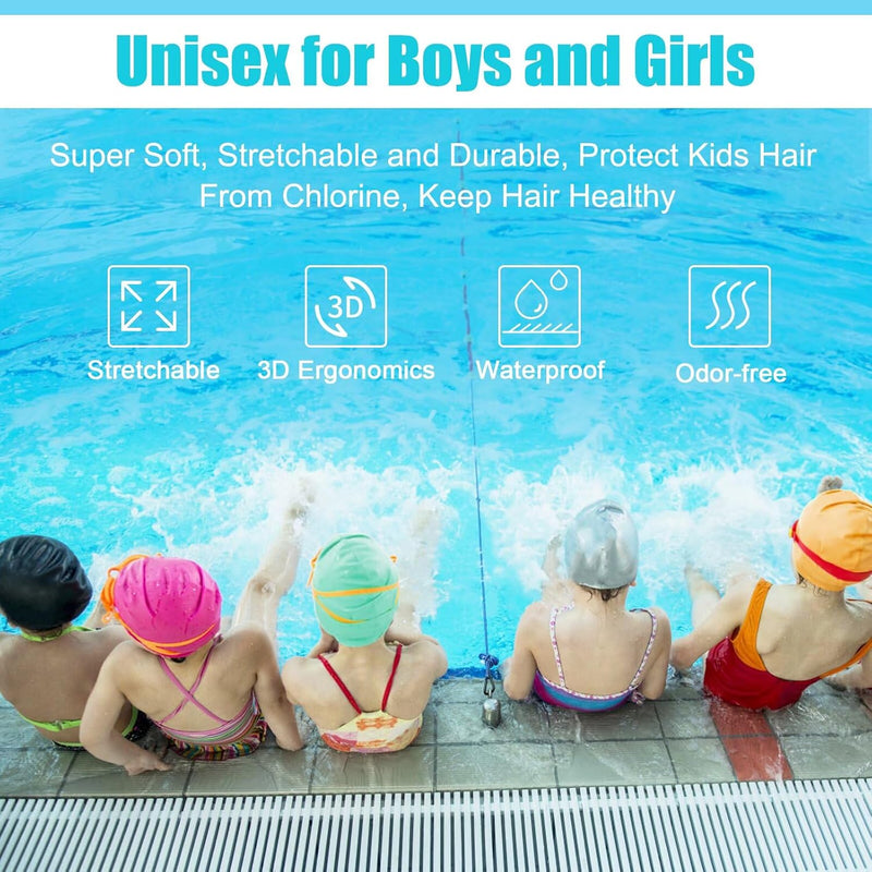 Alepo 2 Pack Kids Swim Caps for Boys Girls, Durable Silicone Swimming Cap with 3D Ear Pockets for Age 3-15 Toddler Child Youth Teen, Unisex Swim Bath Hats for Short/Long Hair with Ear Plugs Nose Clip