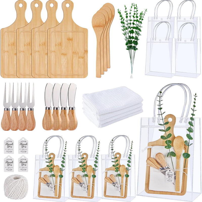 55Pcs Baby Shower Prizes for Game Winners 6 Sets Bamboo Cheese Board Spoon Fork Butter Spreaders Plaid Towel Thank You Card and Gift Bags for Baby Shower Wedding Bridal Shower Favors