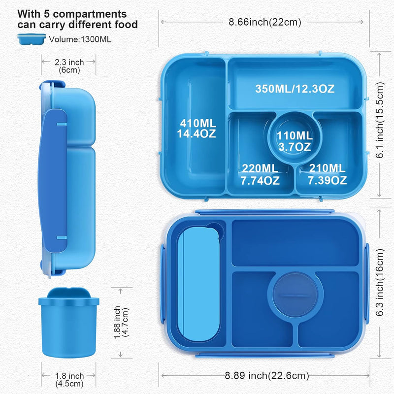 Amathley Bento Box Adult Lunch Box Kids,Lunch Containers for Adults/Kids/Toddler,5 Compartments Bento Lunch Box with Sauce Vontainers,Microwave & Dishwasher & Freezer Safe,BPA-Free (Blue)