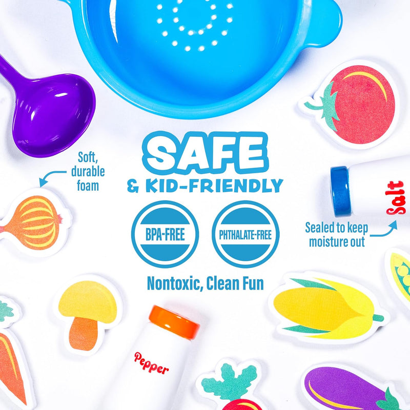 Tub Works® Tub Soup™ Scoop, Strain & Play Toddler Bath Toy | Floating Foam Veggies & Ladle