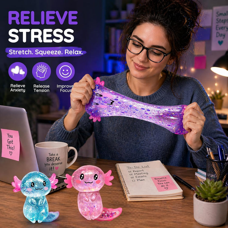 Axolotl Squishy Glitter Stress Relief Toy, Stretchy Axolotls Stress Ball, Relief Squishy Toys, Fidget Toys for Kids Youth Adult, Salamander Gift for Party Birthday Christmas (Pink)