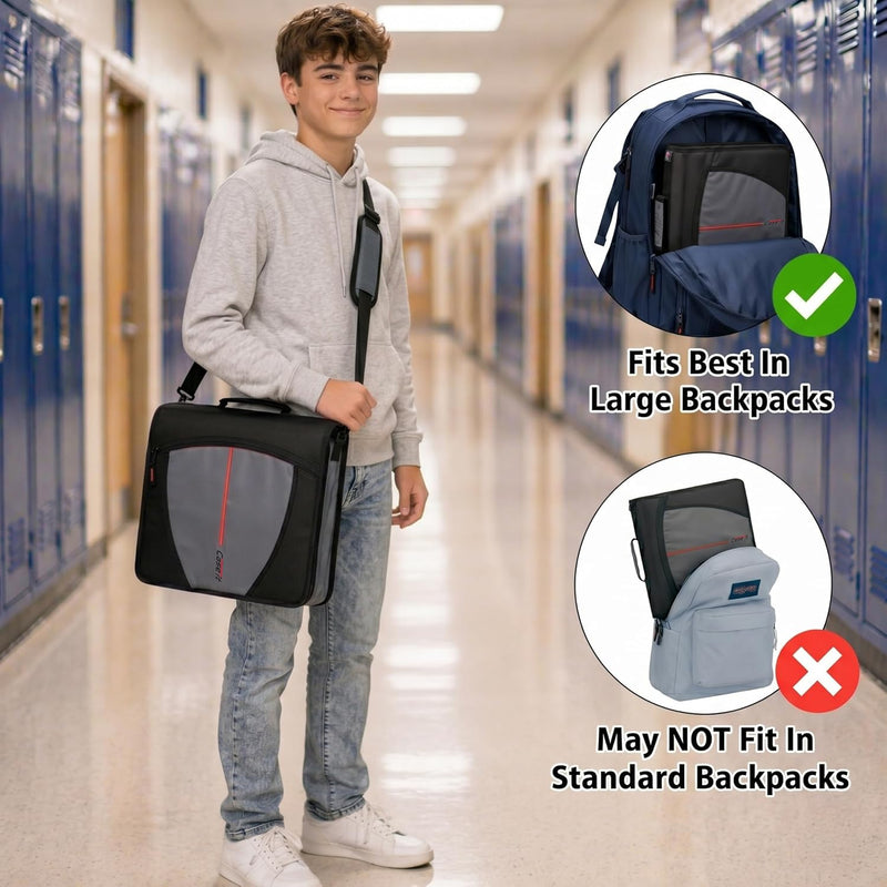 Case-it Mighty Zip Tab School Zipper Binder | 3-Inch O-Rings, 600-Sheet Capacity, 5-Subject Expanding File Folder, Multiple Pockets & Storage Organizer, Shoulder Strap | D-146 Jet Black