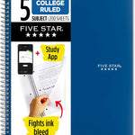 Five Star Spiral Notebook + Study App, 5 Subject, College Ruled Paper, 8-1/2" x 11", 200 Sheets, Fights Ink Bleed, Water Resistant Cover, Black (72081)