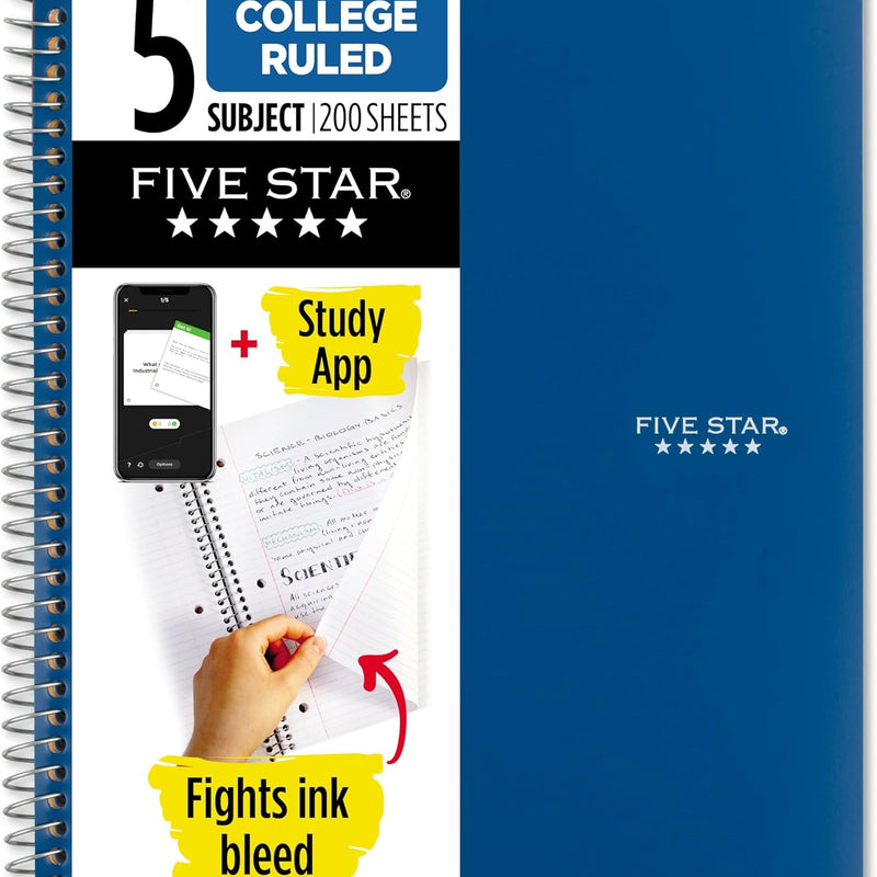 Five Star Spiral Notebook + Study App, 5 Subject, College Ruled Paper, 8-1/2" x 11", 200 Sheets, Fights Ink Bleed, Water Resistant Cover, Black (72081)