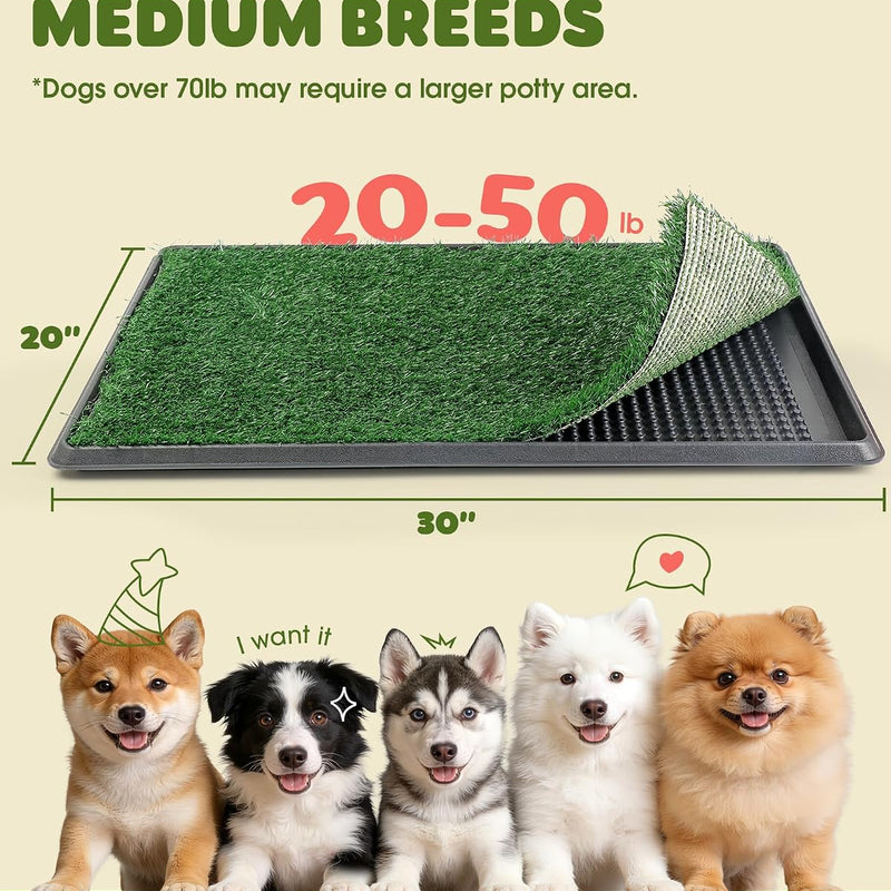 Powools Grass Pad for Dogs Potty - 3-Layer Reusable Dog Grass Pad with Tray, Washable Artificial Grasses Dog Potty Tray with Drainage Holes, Indoor & Outdoor Grass Pee Pad for Dogs, 30" x 20"