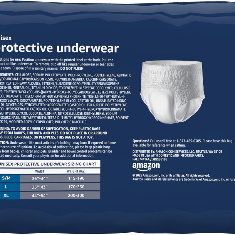 Amazon Basics Unisex Protective Underwear, Overnight Absorbency, Small/Medium, 16 Count