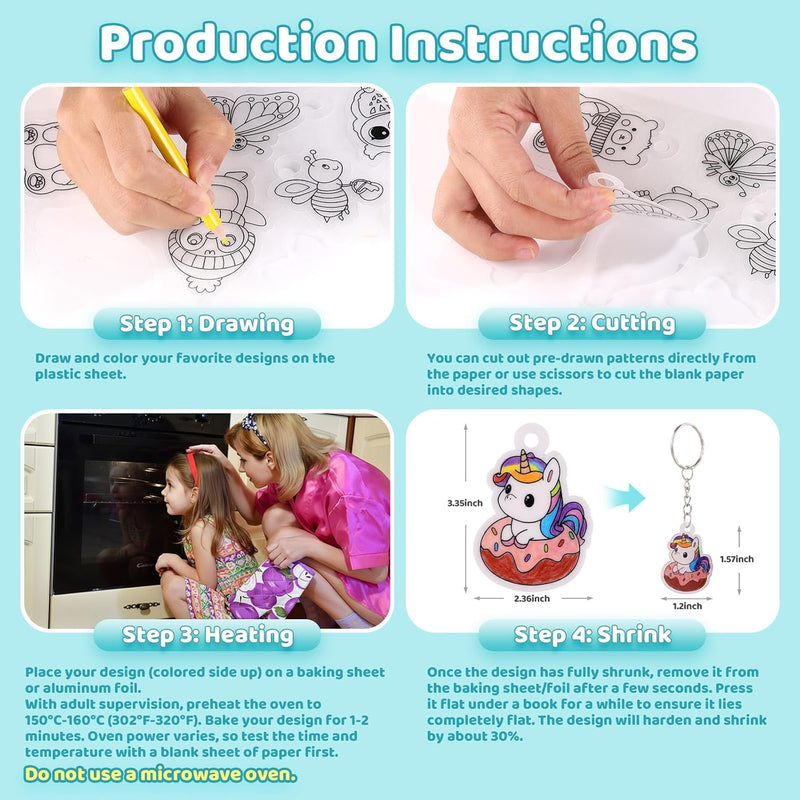 Funtopia Shrinking Art Sheets Kits for Kids, 75 Pre-Cut Keychain Making Kit | 12 Themes Shrink Paper Craft, DIY Shrink Art Plastic Sheets with Charms and Keychains Accessories