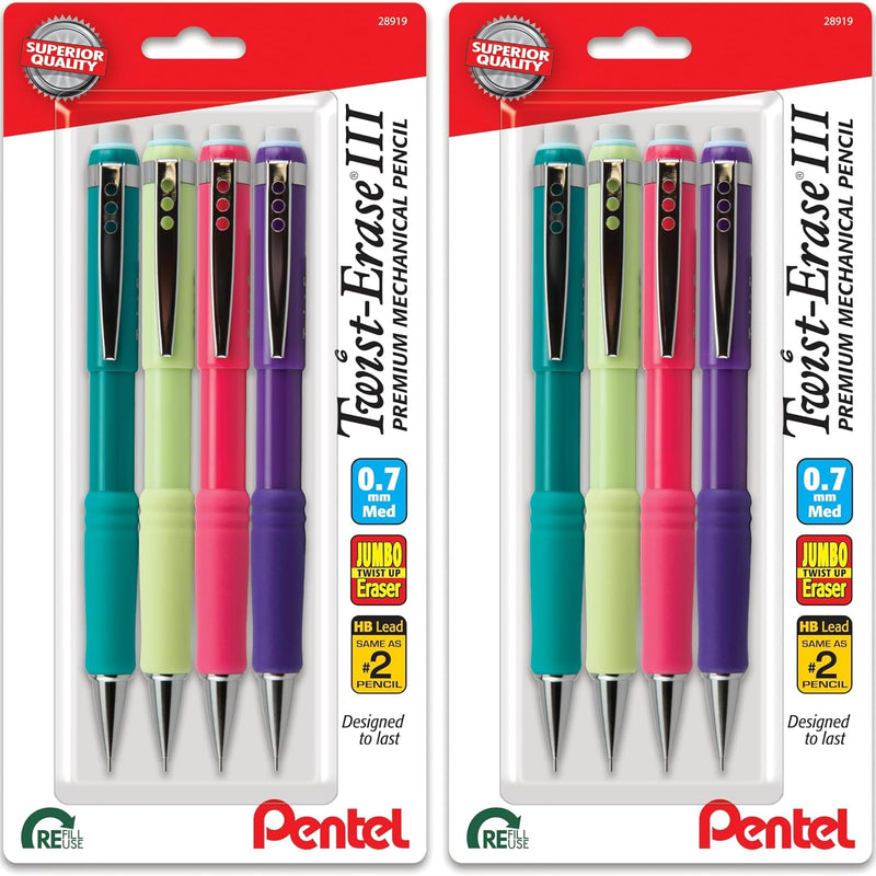 Pentel Twist-Erase III Mechanical Pencil, (0.7mm), Medium Line, Assorted Fashion Color Barrels, Pack of 4 (QE517FBP4M)