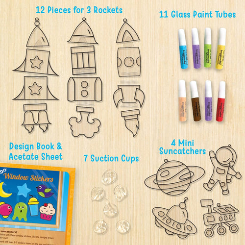Imagimake Window Art - Rocket, DIY Mess-Free 16 Pieces Suncatcher Kit | Stained Glass Painting Craft Activity for Kids, Birthday Gift for Boys & Girls Ages 5,6,7,8,9,10,12 Years Old