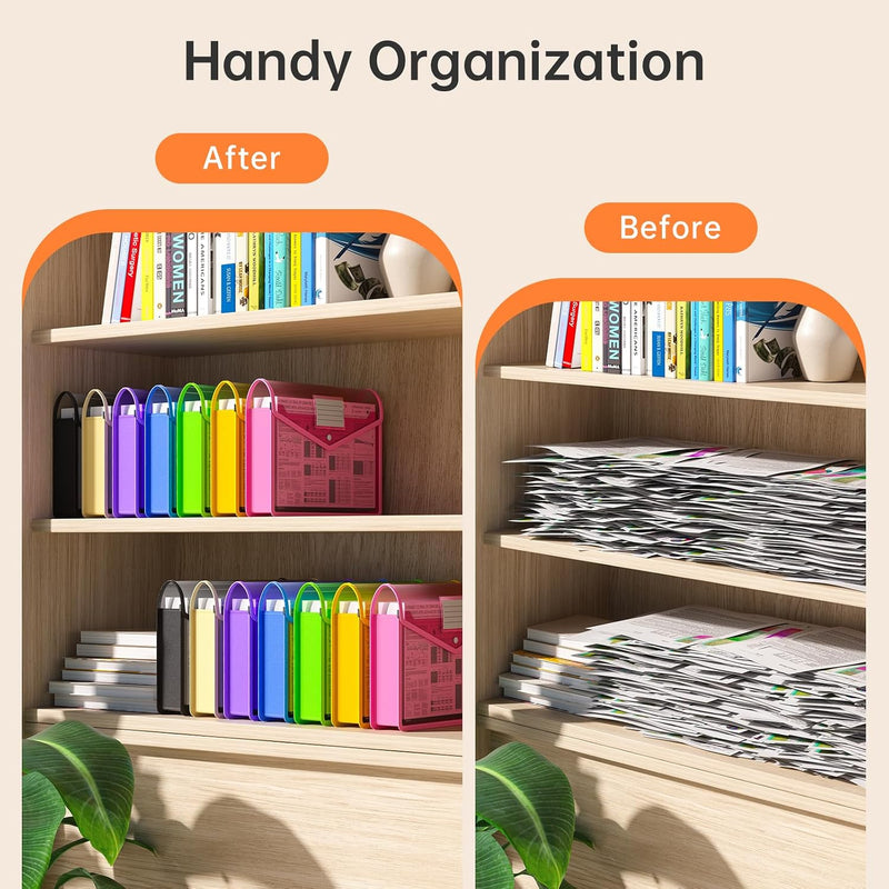 7 Pack Plastic Expanding File Folder, Transparent envelopes with Snap Closure, No Dividers, Large Capacity, Fit Legal/B4 Size for School, Office, Home, Hospital, 7 Colors