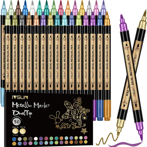 Metallic Marker Pens, 30 Colors Dual Tip Acrylic Paint Pens for Black Paper, Scrapbooking, Photo Album, Rock Painting, Paint Marker for DIY Arts & Crafts, Glass, Wood, Card Making, Scrapbook Supplies