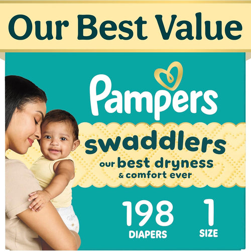 Pampers Swaddlers Diapers, Size 1 (8-14 lbs), 198 Count, Fragrance Free, Hypoallergenic, Absorbent, Pediatrician Recommended, Skin Safe