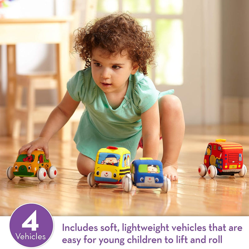Melissa & Doug K's Kids 4-Piece Soft Toy Car and Truck Set with Removable Wheels for Learning and Development for Babies and Toddlers