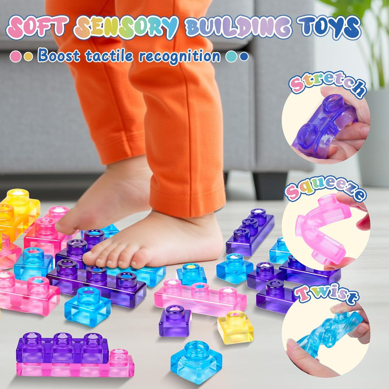 JOY SPOT! 40 PCS Sensory Soft Building Blocks for Toddlers, Kids Montessori Squishy Stacking Toy Set,Squeezable & Stretchable Early Learning Construction Playset,Puzzle Blocks for Creative Play