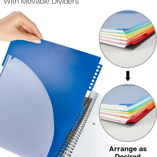Dunwell 5-Subject Notebook, College Ruled, Colorful Movable Pocket Dividers with Tabs, Front/Back Plastic Covers, 200 Sheets (400 Pages) of 3-Hole Punch Perforated 8.5x11 Paper