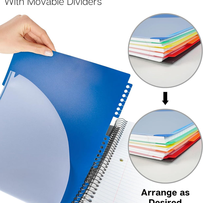 Dunwell 5-Subject Notebook, College Ruled, Colorful Movable Pocket Dividers with Tabs, Front/Back Plastic Covers, 200 Sheets (400 Pages) of 3-Hole Punch Perforated 8.5x11 Paper