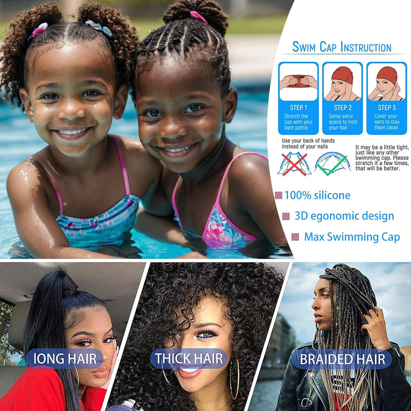 Extra Large Swim Cap for Kids Black Girls Aged 4 to 16 with Long Hair Braids Dreadlocks, Waterproof Silicone Swimming Hat Turban Hair Protection for Boys Toddler Children Youth