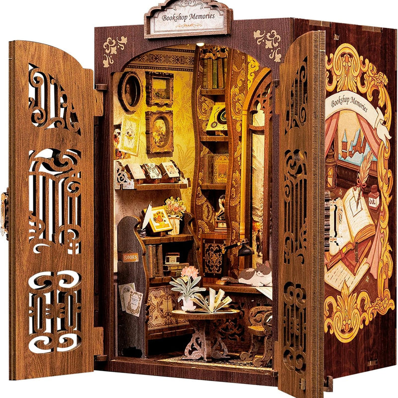 CUTEBEE Book Nook Kit - DIY Miniature House Coffee Shop Dollhouse Kit for Adults, Booknook Tiny House Bookshelf Decor 3D Wooden Puzzle, Gifts for Family, Friends (Corner Coffee Shop)