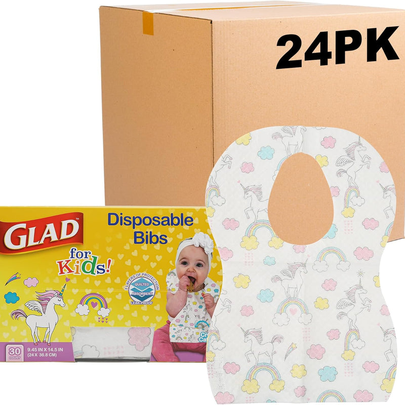 Glad for Kids Disposable Paper Bibs with Crumb Catcher, Unicorns, 30 Count | Absorbent, leakproof design for mess-free feeding at meals, crafts, parties, and travel