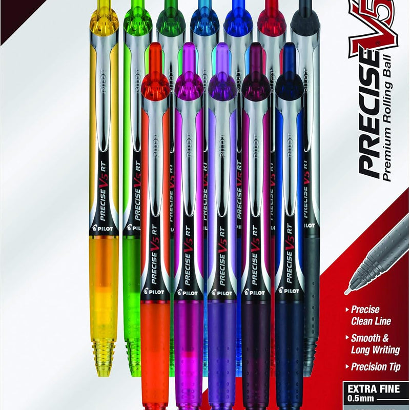 Pilot Precise V5 RT Refillable & Retractable Rollerball Pens, Extra Fine Point Pens 0.5 mm, Black, Pack of 12 - Ideal for School, Journaling & Office Writing