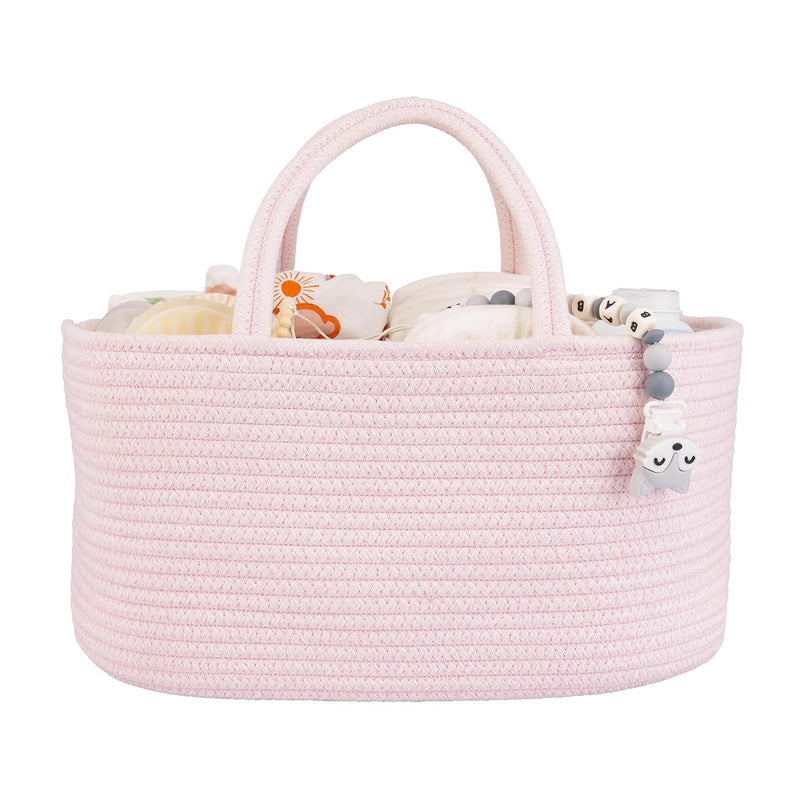 XUANGUO Pink Cotton Rope Baby Diaper Caddy Organizer Basket for Girls | Nursery Storage Bin, Portable Baby Tote Bag for Changing Table or Car, Baby Shower Gifts Bag, Newborn Essentials, Registry