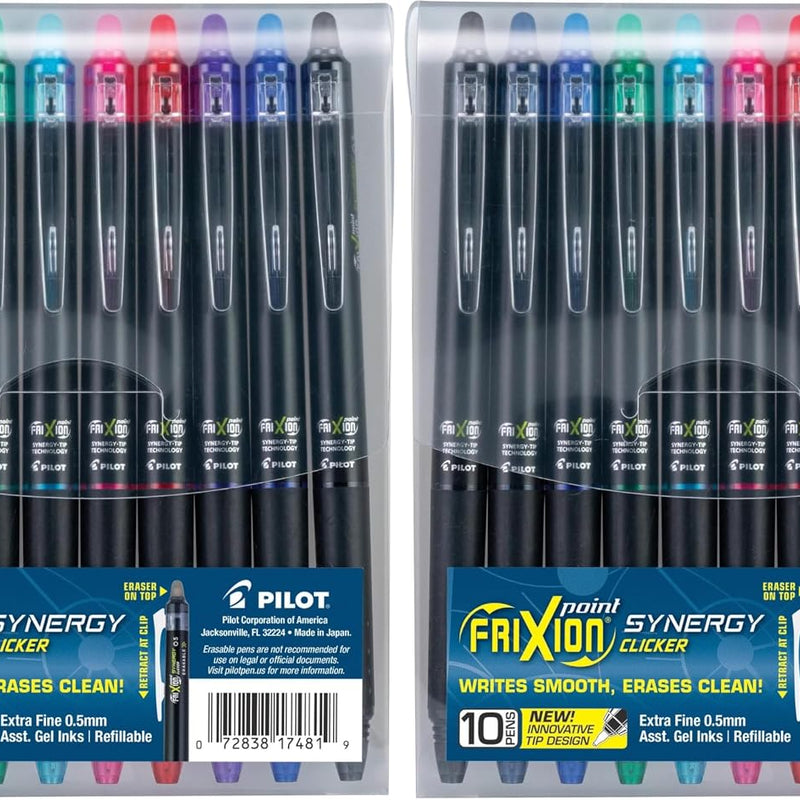 Pilot FriXion Synergy Clicker Erasable, Refillable, Retractable Gel Ink Pens, Extra Fine Point 0.5 mm, Pack of 5, Black Ink, FriXion Erasable Pens 0.5 - Ideal for School & Office Writing