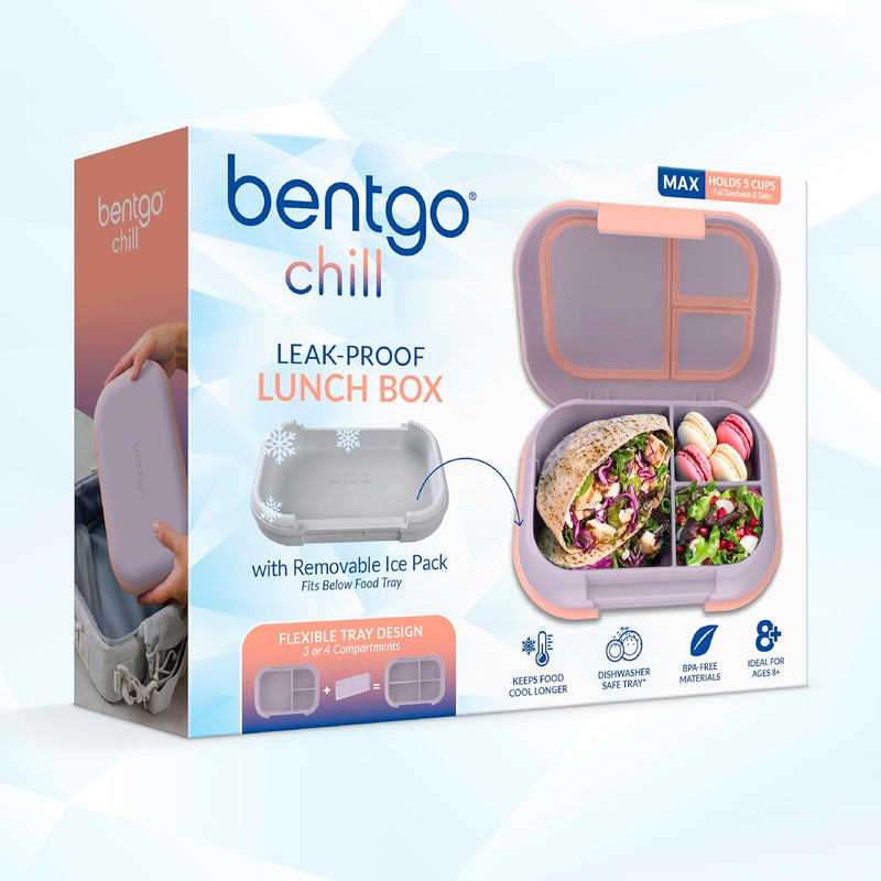 Bentgo Chill Max Leak-Proof XL Lunch Box - Included Ice Pack Keeps Food Cold; 5-Cup Capacity for Adults & Ages 8+, 3 or 4 Compartment Bento Box, BPA-Free, Dishwasher Safe (Lavender & Peach Blossom)