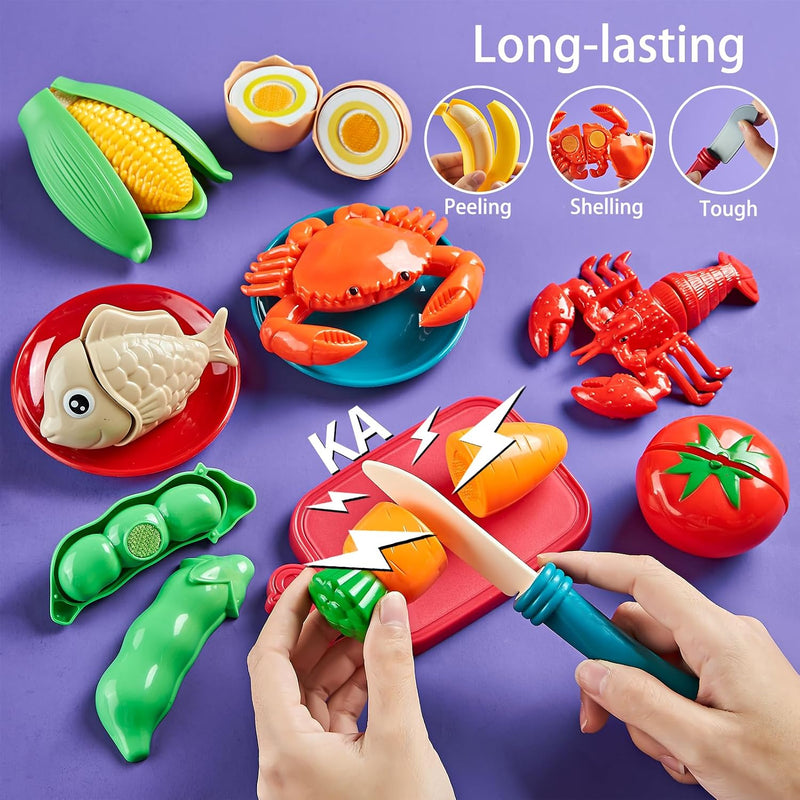 LAUGIGLE Pretend Play Food for Kids Kitchen, 78Pc Cutting Toy Food with Storage Bag | Pretend Play Food for Kids Kitchen-Toys Food with Veggies, Fruits, Play Kitchen Accessories, Boys Girls Gift