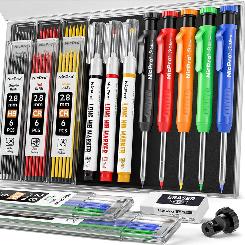 Nicpro 2 Pack CP1000 Carpenter Pencil with Sharpener, Mechanical Carpenter Pencils with 26 Refills, Deep Hole Long Nib Marker Pens for Construction, Heavy Duty Woodworking Pencil for Architect Marking