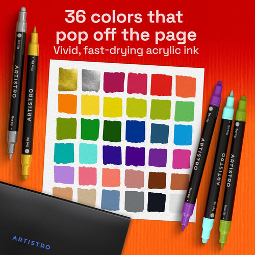 ARTISTRO 36 Precision Dual-Tip Acrylic Paint Markers – Paint Pens Set with Dot & Fine Tips for Fabric, Rock, Glass, Wood, Coloring Books – Arts & Crafts Gift – Classroom Must Haves & School Supplies