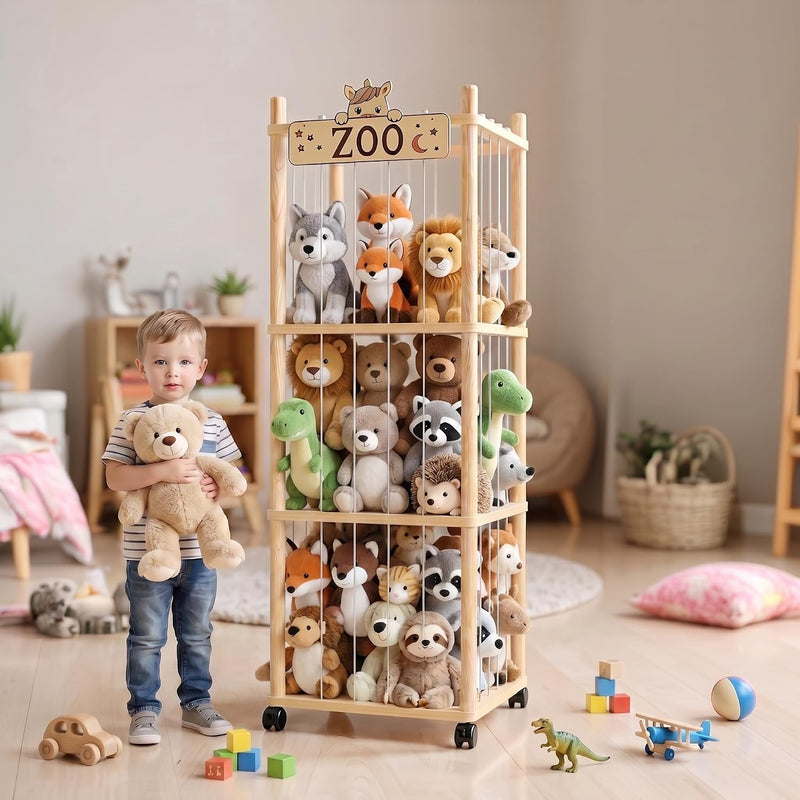 Stuffed Animal Storage Zoo Tower,56In Wooden Large Stuffed Animal Holder Organizer with Wheels,Stuffy Plushies Storage with Elastic Band&Mesh Bottom,Toy Storage Organizers for Playroom Bedroom Nursery