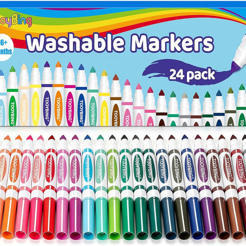 24 Count Washable Markers for Kids, Broad Line Markers with Conical Tip, Assorted Colors, Drawing Essentials for School Classroom, Student Teacher Must Have for Coloring Book, Art & Craft Supplies