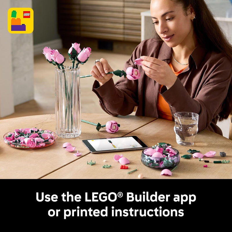 lego botanicals pink roses artificial flowers building set for adults, gifts for birthdays, room decor