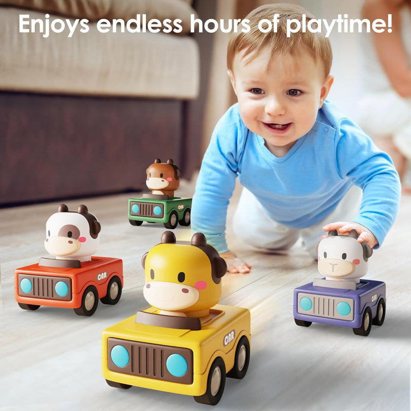 iPlay Press to Go Car Toys for Toddlers 1-3 Years, Baby Animal Racing Cars, High-Quality ABS Materials, No Small Parts