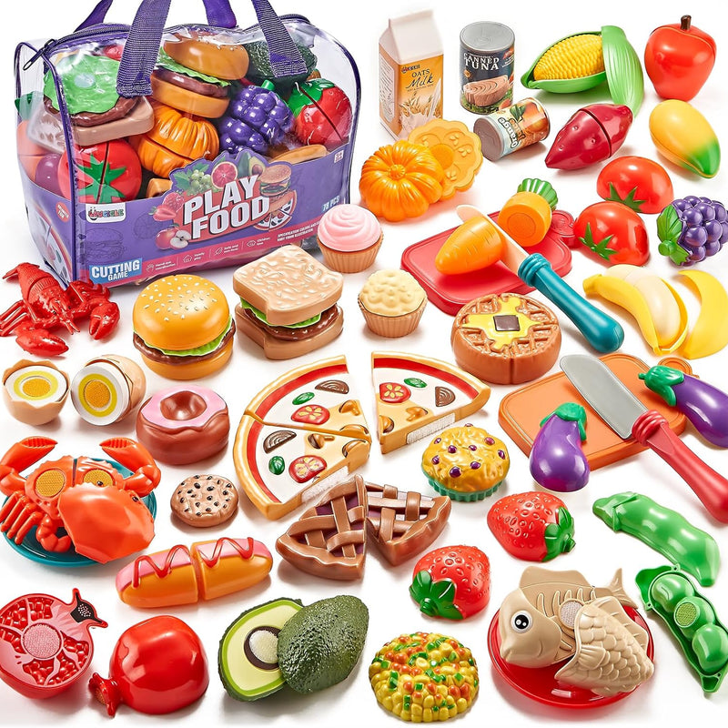 LAUGIGLE Pretend Play Food for Kids Kitchen, 78Pc Cutting Toy Food with Storage Bag | Pretend Play Food for Kids Kitchen-Toys Food with Veggies, Fruits, Play Kitchen Accessories, Boys Girls Gift