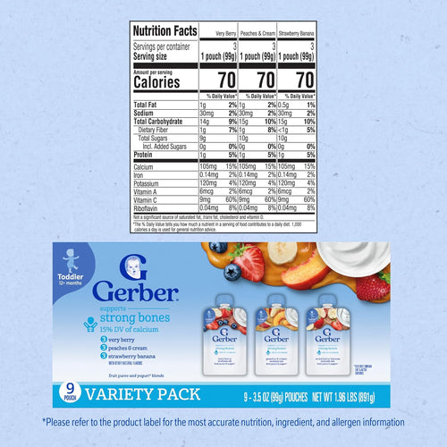 Gerber Toddler Food, Very Berry, Peaches & Cream, Strawberry Banana, Fruit Puree and Yogurt Pouches, Calcium Helps Support Strong Bones, No Artificial Flavors, 9-Pack