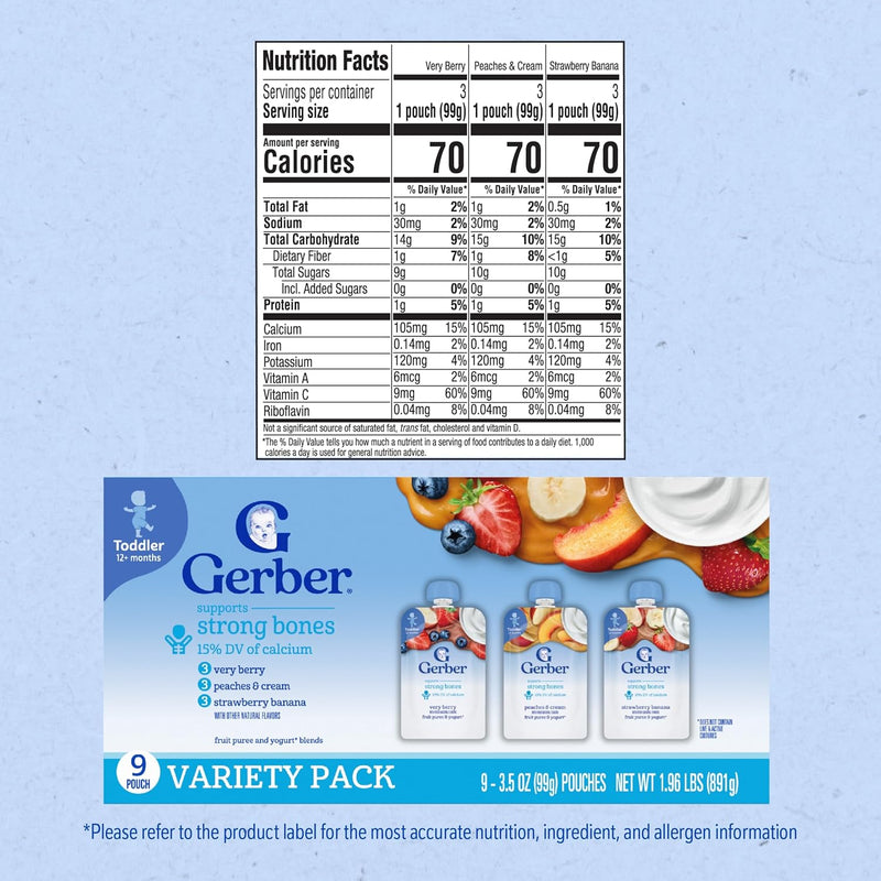 Gerber Toddler Food, Very Berry, Peaches & Cream, Strawberry Banana, Fruit Puree and Yogurt Pouches, Calcium Helps Support Strong Bones, No Artificial Flavors, 9-Pack