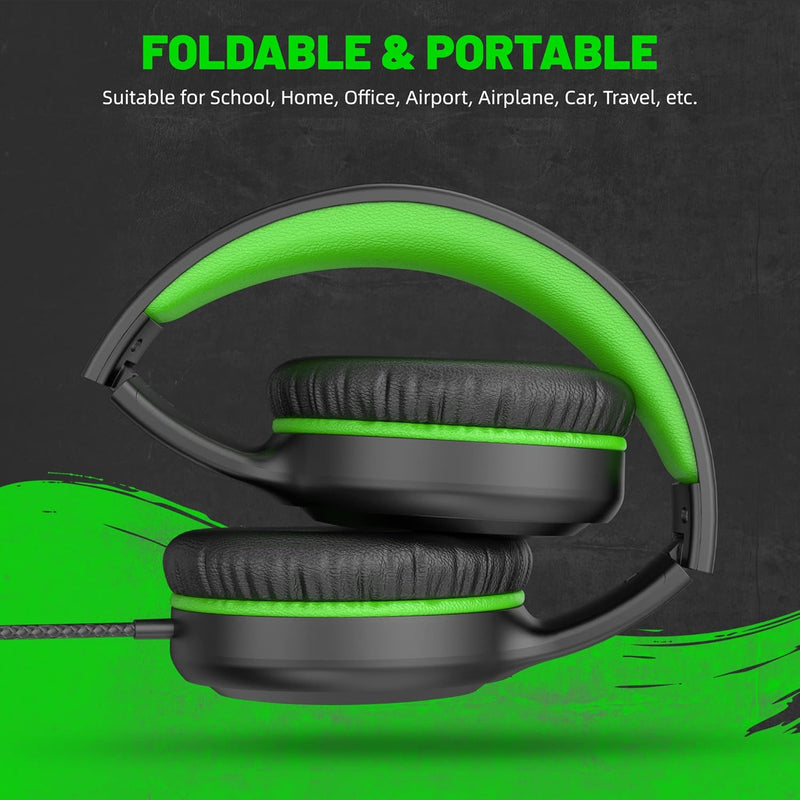 UKELALA Green Wired Headphones for Youth - Portable On Ear Headphones for School Airplane Travel