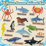 Ocean Sea Life Toy Figures Set for Kids, 12 PCS Realistic Marine Animals with Shark, Dolphin, Sea Turtle, Penguin, Seal, Clownfish, Crab, Ocean Animal Figure Toys for Boys Girls Toddlers