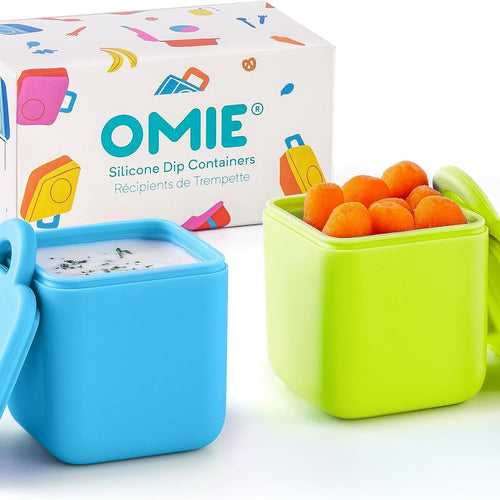 OmieBox (2 pack) Leakproof Dips Containers To Go, Salad Dressing Container, Condiment Container with Lids - Food Safe Silicone - 4 ounces (Blue/Lime)