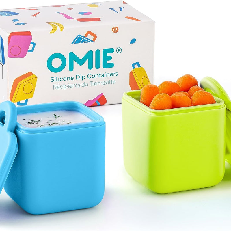 OmieBox (2 pack) Leakproof Dips Containers To Go, Salad Dressing Container, Condiment Container with Lids - Food Safe Silicone - 4 ounces (Blue/Lime)