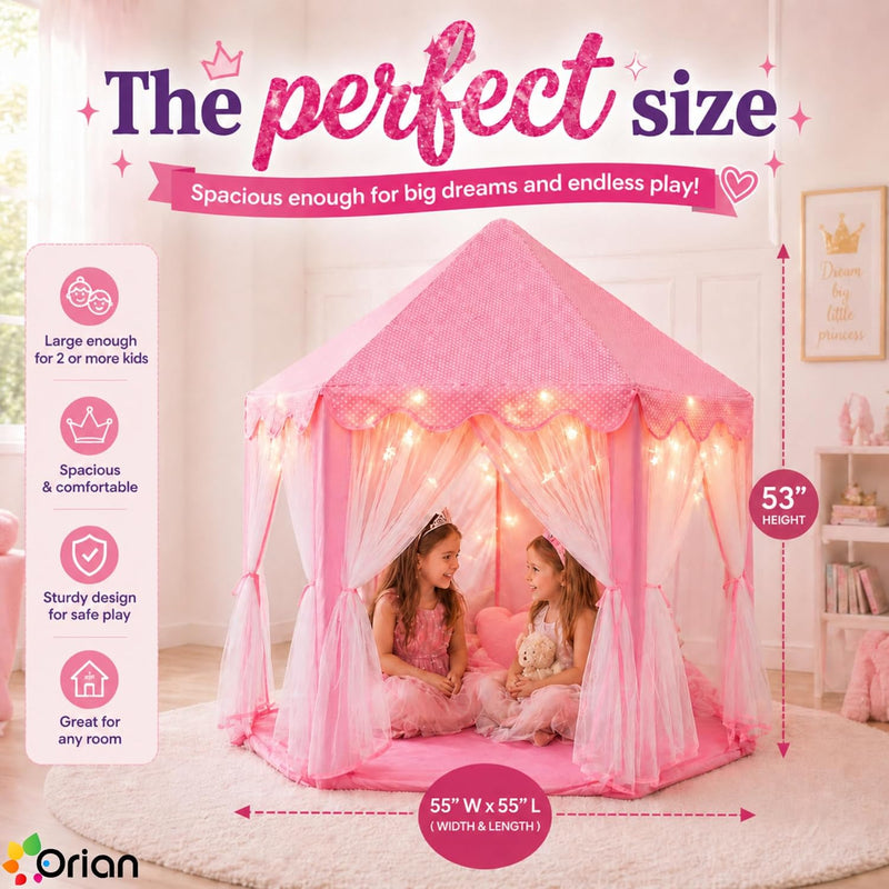 Orian Princess Tent for Kids, Toddler & Kids Pink Play Tent Indoor & Outdoor Princess Castle Fort for Girls and Toddlers Ages 2-7, 55”x53”, LED Star Lights, Children’s Toys and Gifts for Girls