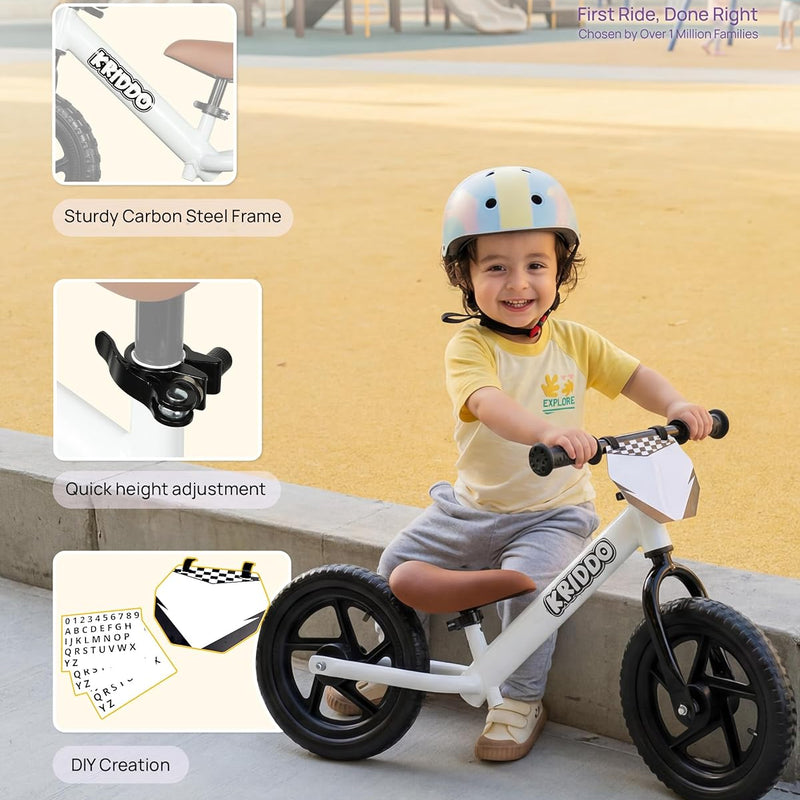 KRIDDO Toddler Balance Bike for 2-5 year olds, 12 inch push bike with customization options