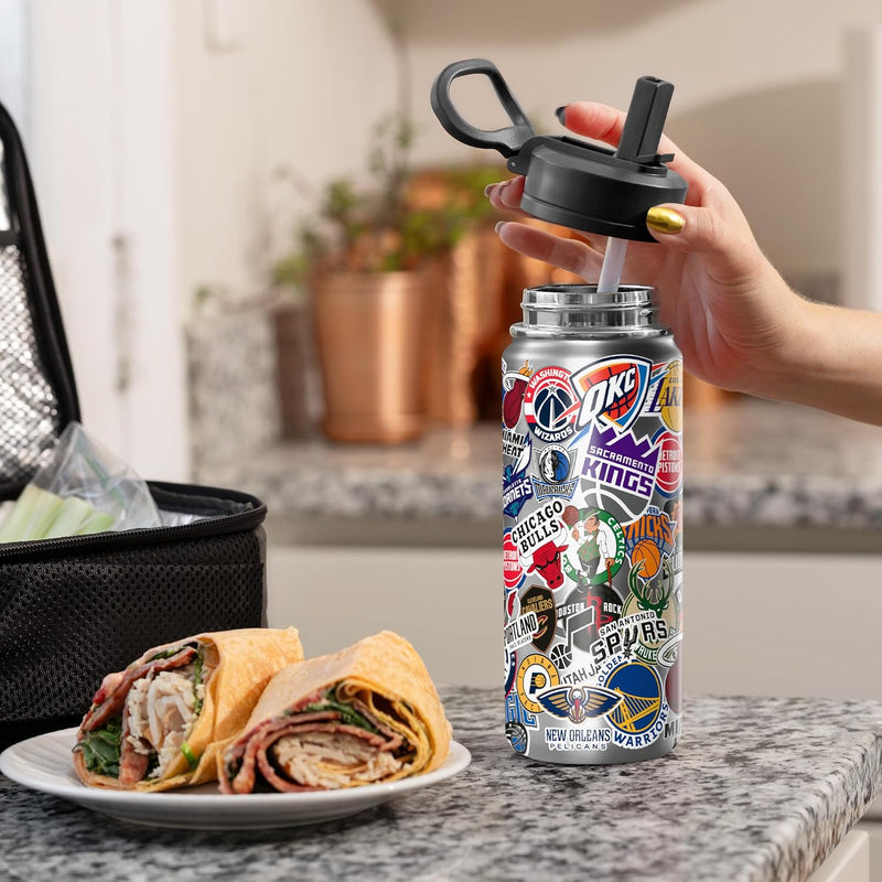 Hydrapeak NBA Officially Licensed All-Team Sticker Print Logo 20oz Kids Water Bottle, Straw Lid & Handle, Insulated Sports Bottle for Sports, Camp, School & Everyday Adventures